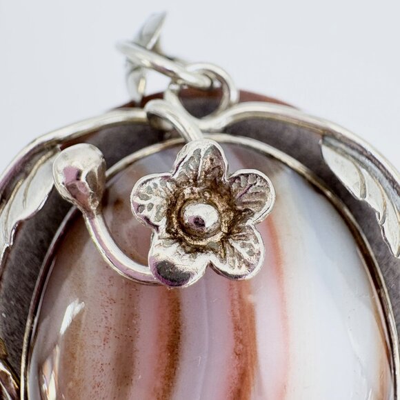 VTG Sterling Silver 925 Banded Agate Leaf Design Pendant Size 2.5" Length - Picture 3 of 11